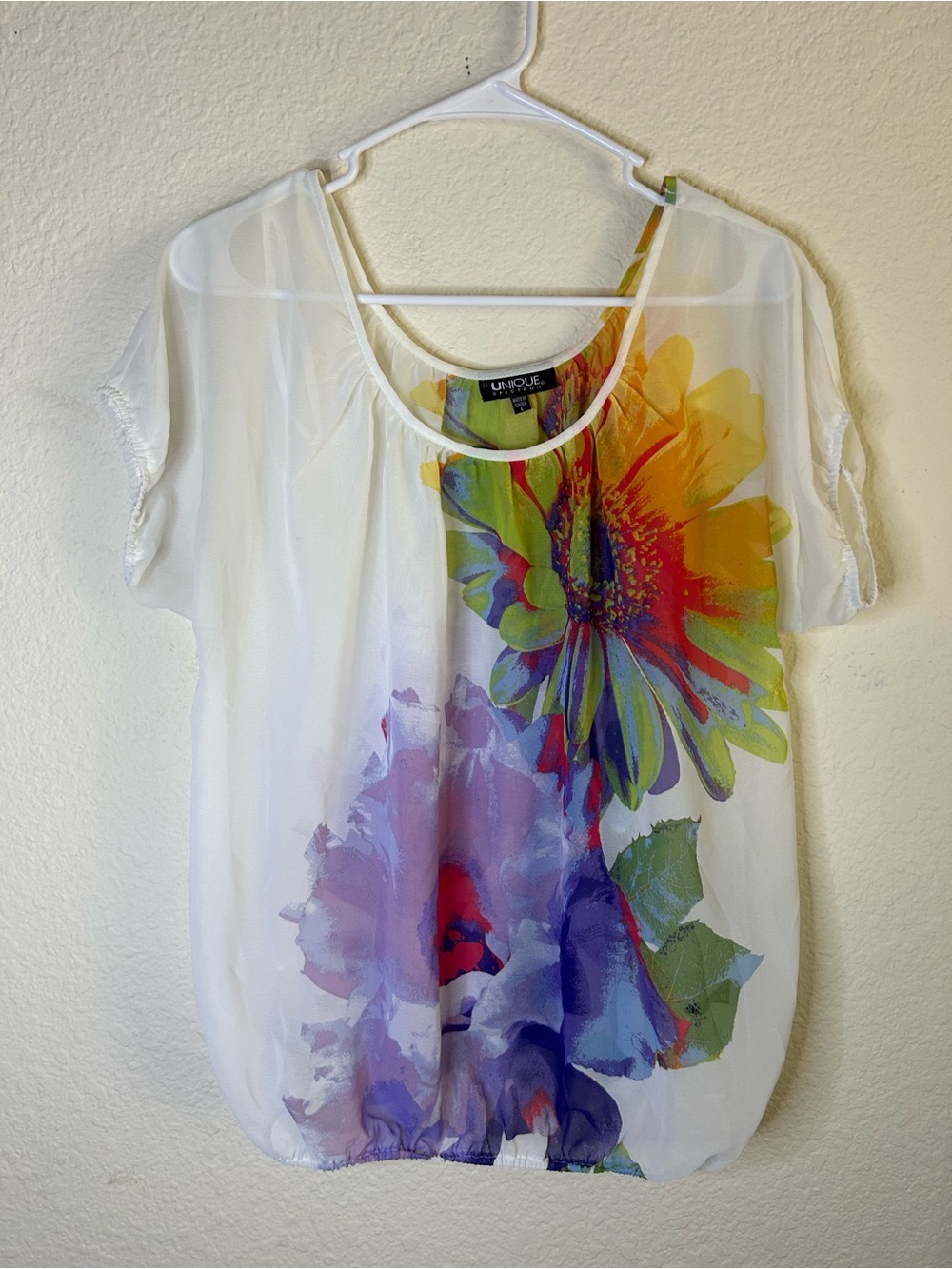 uNique White Floral Scoop Neck Women's Blouse Light Sheer‎ Scrunch Bottom Large